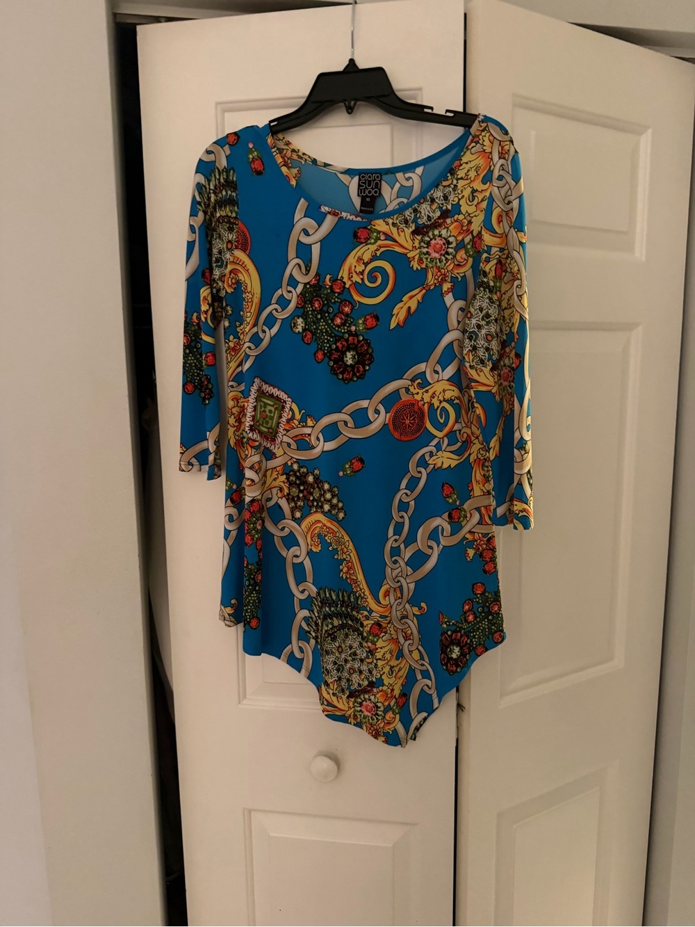 Clara sun woo Blue Chain-Print Women's long angled Top xs runs big